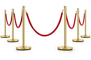Dragosum Stainless Steel Stanchion, Red Carpet Ropes and Poles 6Pcs, Crowd Control Barriers, Post Queue with 5Pcs Velvet Rope, Crown Top Sand Injection Hollow Updated Base Carpet Runner for Party