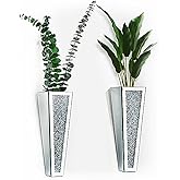 Crystal Wall Vase Hanging Flower-vase - Silver Crushed Diamond Mirrored Container Flower Vase Home Decor for Living Room, Dining Room, Bedroom, Set of 2 （11.2 Inch High） Wittolins