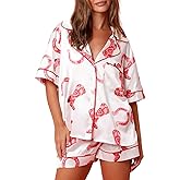 Yiulangde Women Satin Pajamas Shorts Sets Y2k Silk PJs 2 Piece Outfits Collar Long Sleeve Button Down Shirt Lounge Pants Sets