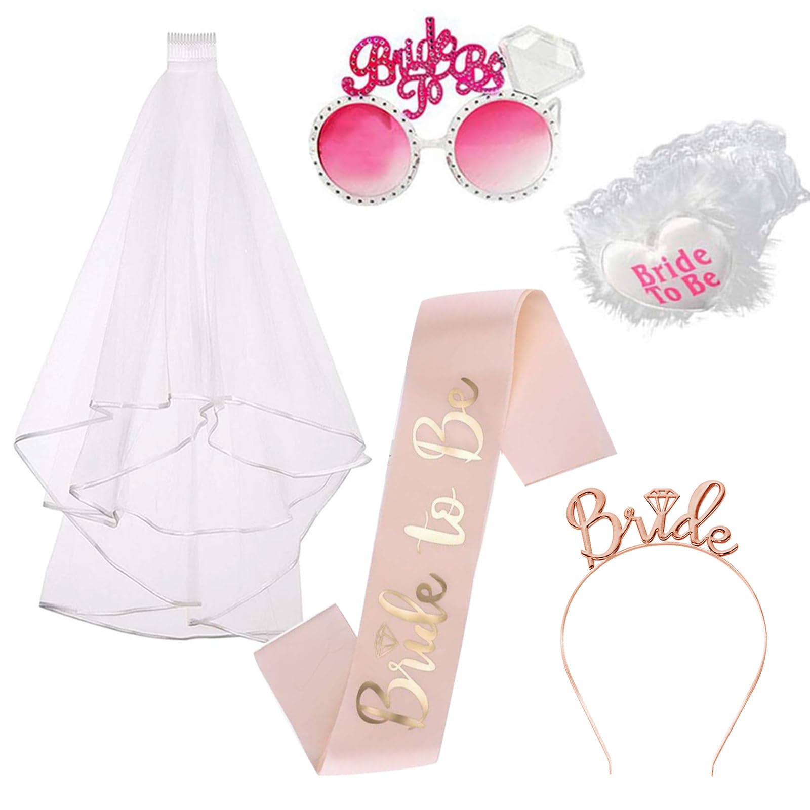 PMELCXD 5 PCS Hen Party Veil Bride to be Sash and Badge Bridal Shower Hen Do Accessories Wedding Set