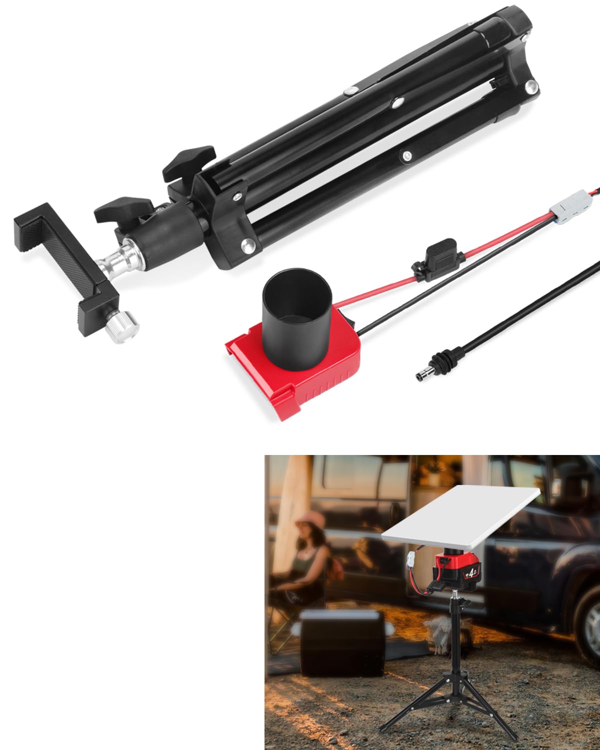 Photo 1 of Starlink Mini DC Power Cable with Tripod for Milwaukee Battery - Adapter Base Compatible with Milwaukee Batteries - Tripod with 3 Fuses and Clamping Batteries - Starlink Mini Power Adapter