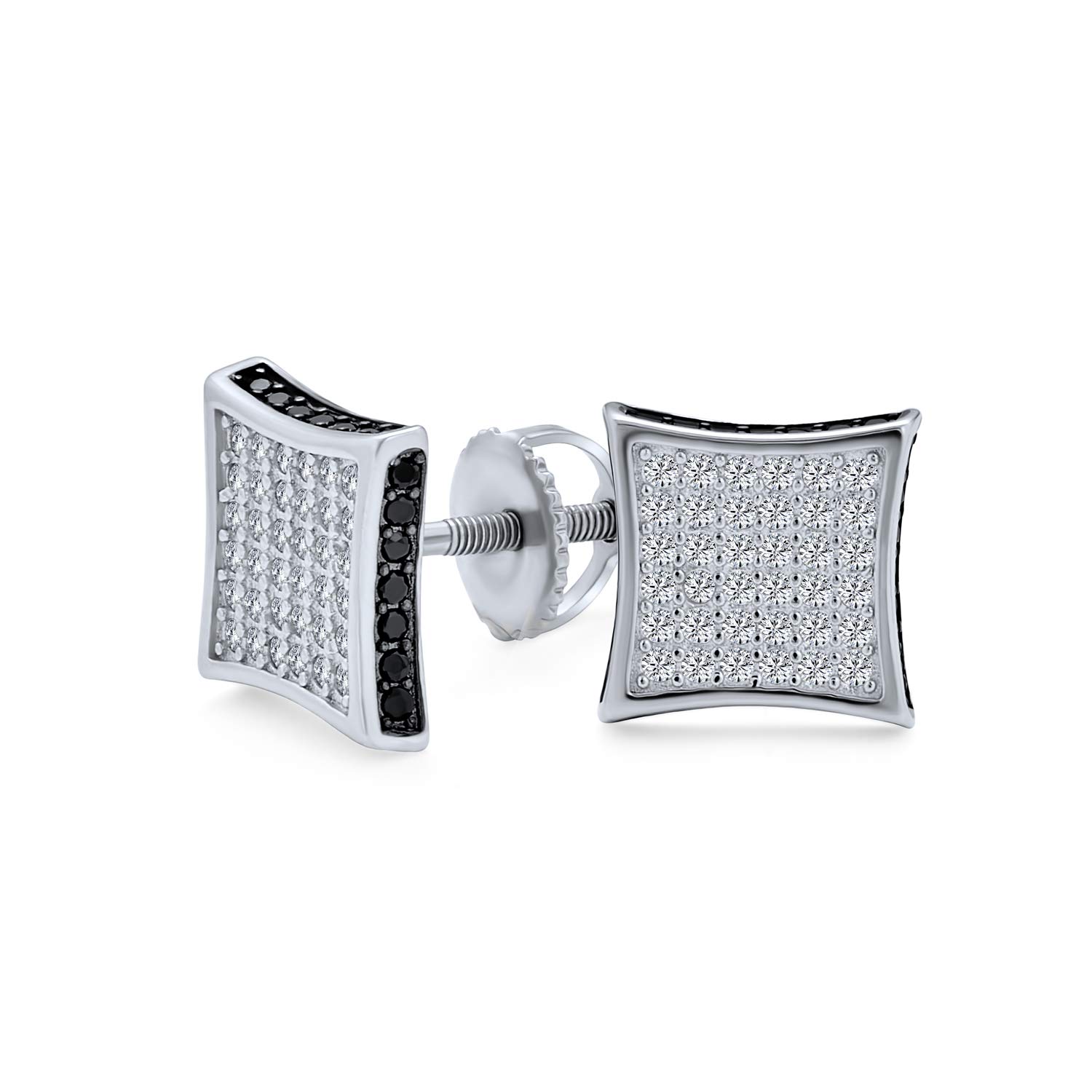 Square CZ Micro Pave Cubic Zirconia Black White Kite Stud For Men For Women Stud Earrings .925 Sterling Silver 9MM — image 1