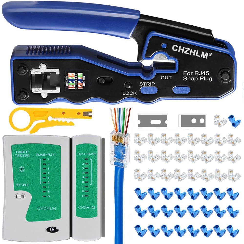 CHZHLM RJ45 Crimping Tool Kit Pass Through Crimper Stripper Cutter All-in-One for Cat5 Cat6 Pass Through Connector with Cable Tester 50Pcs Connectors 50Pcs Covers Mini Stripper