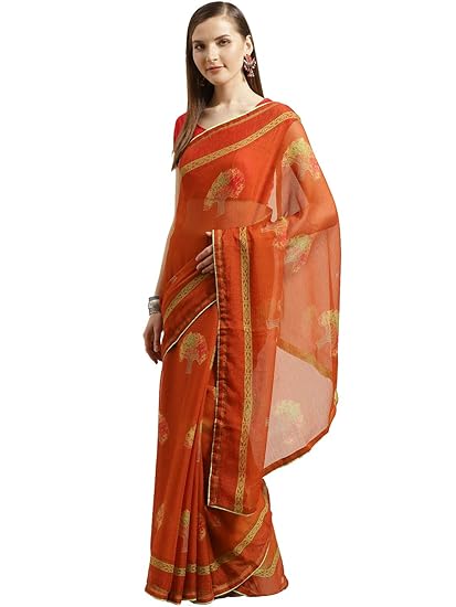 Shaily Womens Rust Georgette Printed Saree