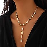 HUGE TOMATO Long Gold Pendant Y Shape Lariat Necklace Statement for Women Trendy, 14K Gold Plated Big Baroque Shaped Style Long Necklace Waterdrop Beads Chain