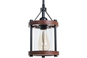Ejerlya Farmhouse Pendant Light, Rustic Walnut Wood and Metal Cage Hanging Light Fixtures with Glass, 43 Inch Adjustable for 