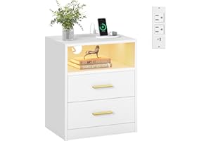 VASAGLE Custos Collection - 40.1 cm Wide Nightstand with Charging Station, LED Lights, Modern Night Stand, Side End Table wit