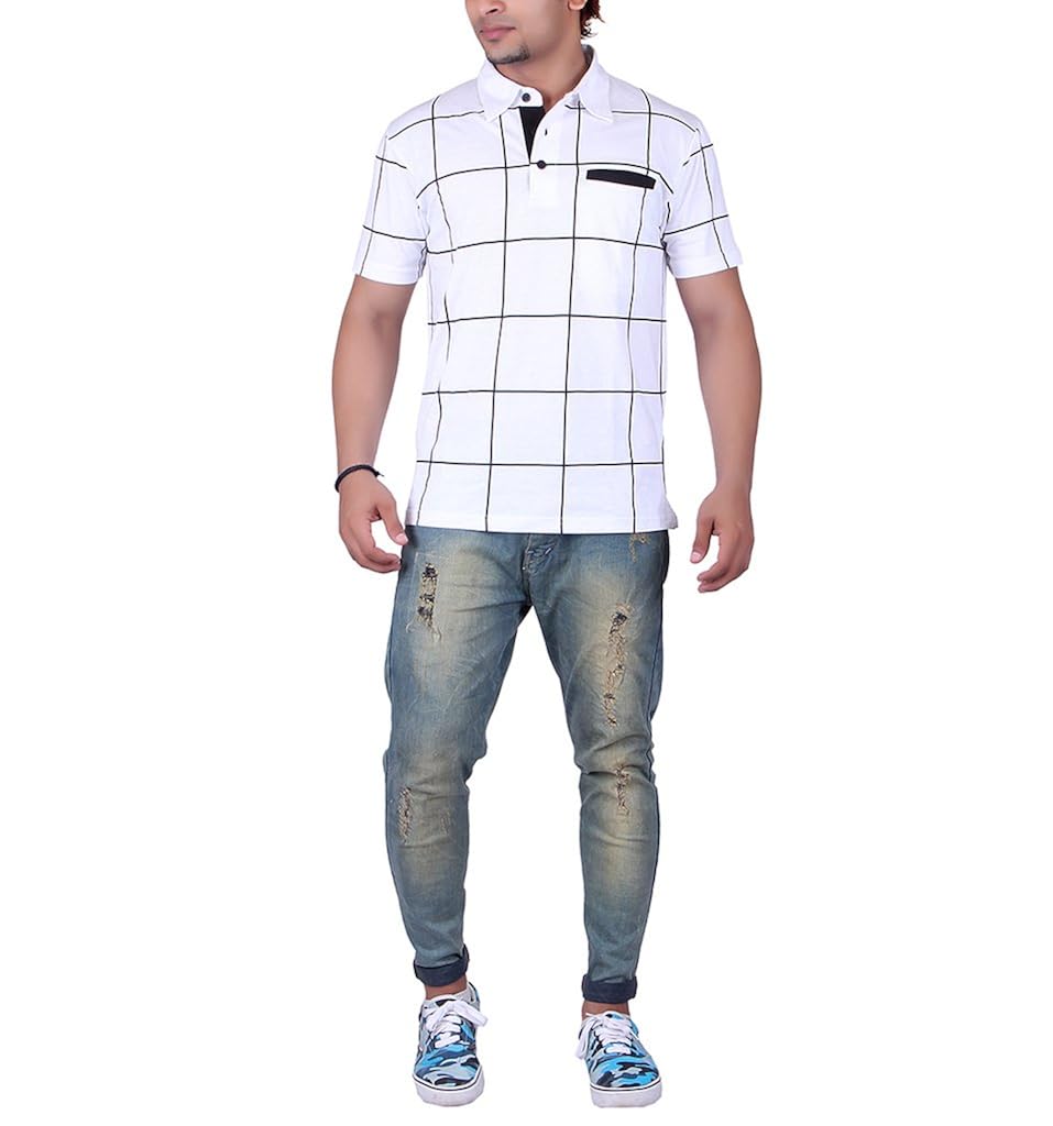 vivid bharti white half sleeve box printed men's polo tshirt(premium quality t-shirt)