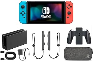 Nintendo Switch Console Bundle – Neon Blue & Red Joy-ConsDockController GripCarrying CaseCables & Accessories (Renewe