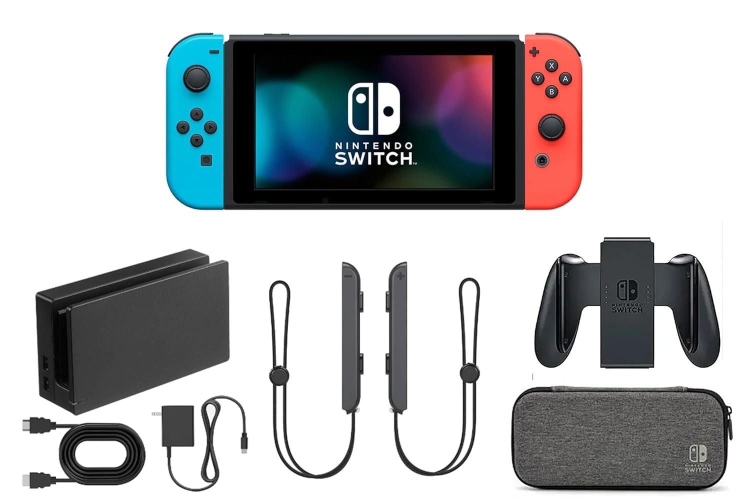 Nintendo Switch Console Bundle – Neon Blue & Red Joy-Cons, Dock, Controller Grip, Carrying Case, Cables & Accessories (Renewed)