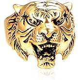 IS4U Gothic Tiger Head Band Ring - Vintage Gold Silver Animal Jewelry - Cool Goth Punk Hip Hop Style for Women and Men