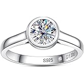 Raivari Moissanite Engagement Rings, 1/2/3 CT Bezel Setting Round Lab Created Diamond Solitaire Promise Rings in 14K White Gold Plated Sterling Silver, Anniversary Rings for Women