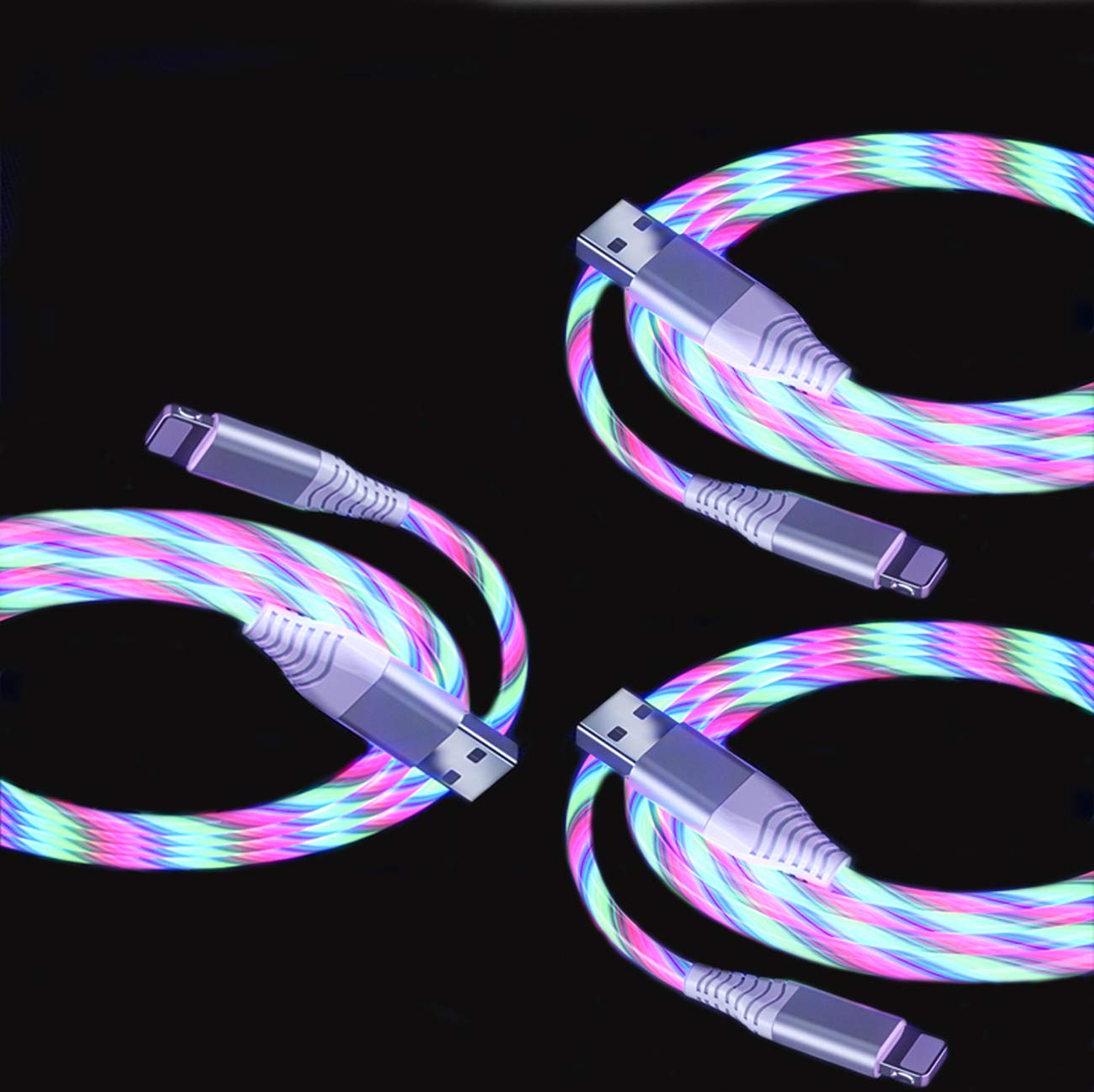 Akiimy 3 Packs 2.4A Light Up Led Charging Cable LED Flowing Current Visible EL LED Lights Charger Cable Compatible with Phone XS MAX/XR/XS/8 Plus/7 Plus (Color-Changing)