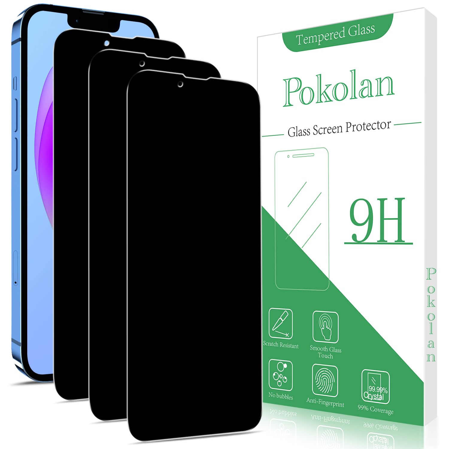Pokolan [3 Pack Privacy Screen Protector for iPhone 13, 13 Pro, iPhone 14, Anti Spy Tempered Glass, 9H Hardness, Case Friendly, Anti Scratch, Bubble Free, Easy to Install