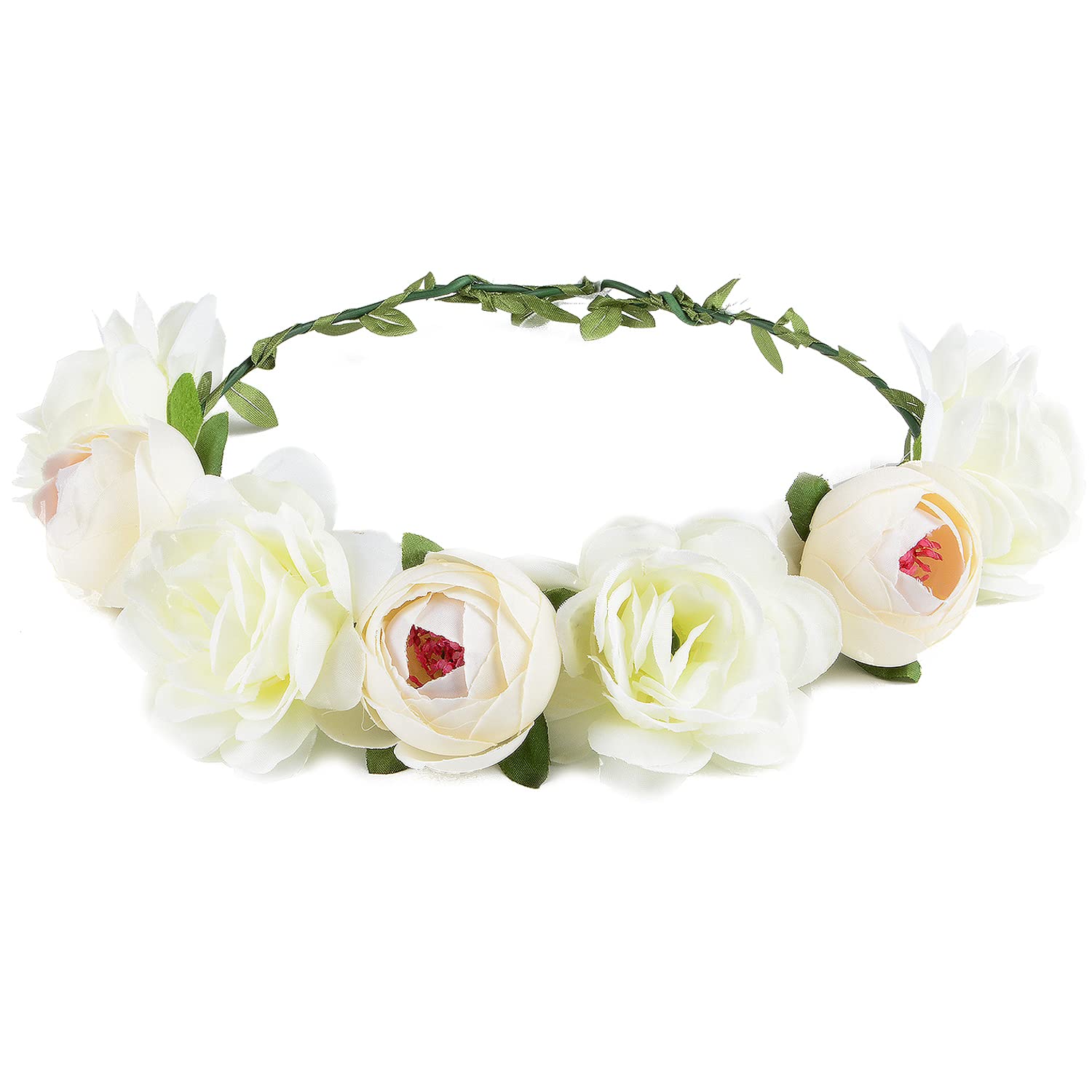 Flower Crown Rose Peony Garland Headband Hair Wreath Floral Headpiece with Adjustable Ribbon Wedding Festival Party (white)