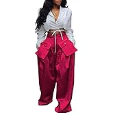 DINGANG High Waisted Wide Leg Cargo Pants Women Flowy Casual Pants with Zippers Pockets