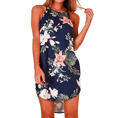 Longra Damen Ärmellos Beachwear Strandkeider Sommerkleid Kurz Minikleid Frauen Boho A Linien Kleid Rundkragen Retro Blumendru