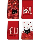 Artoid Mode Black Cats Red Hearts Paw Print Valentine's Kitchen Towels Dish Towels, 18x26 Inch Anniversary Wedding Decoration Cleaning Set of 4