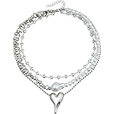 Silver Tone Three Strand Bead Pearl Heart Charm Centerpiece Geometric V Pendant Layered Choker Necklace for Women Adjustable Clasp Statement Jewelry