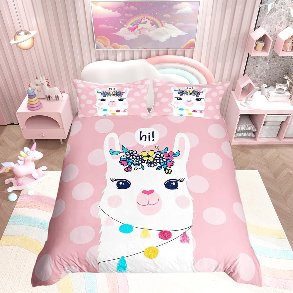 Llama Alpaca Comforter Cover Kids Cute Bedding Set Cartoon Llama Alpaca Duvet Cover for Boys Girls 3D Animal Theme Bedspread Cover Children Sweet Dessert Room Decor Bedclothes Pink Double