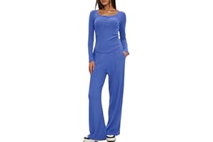 Darong Women's Fall Trendy 2 Piece Outfits Lounge Sets Long Sleeve Top Henley Shirts Wide Leg Pants Travel Clothes