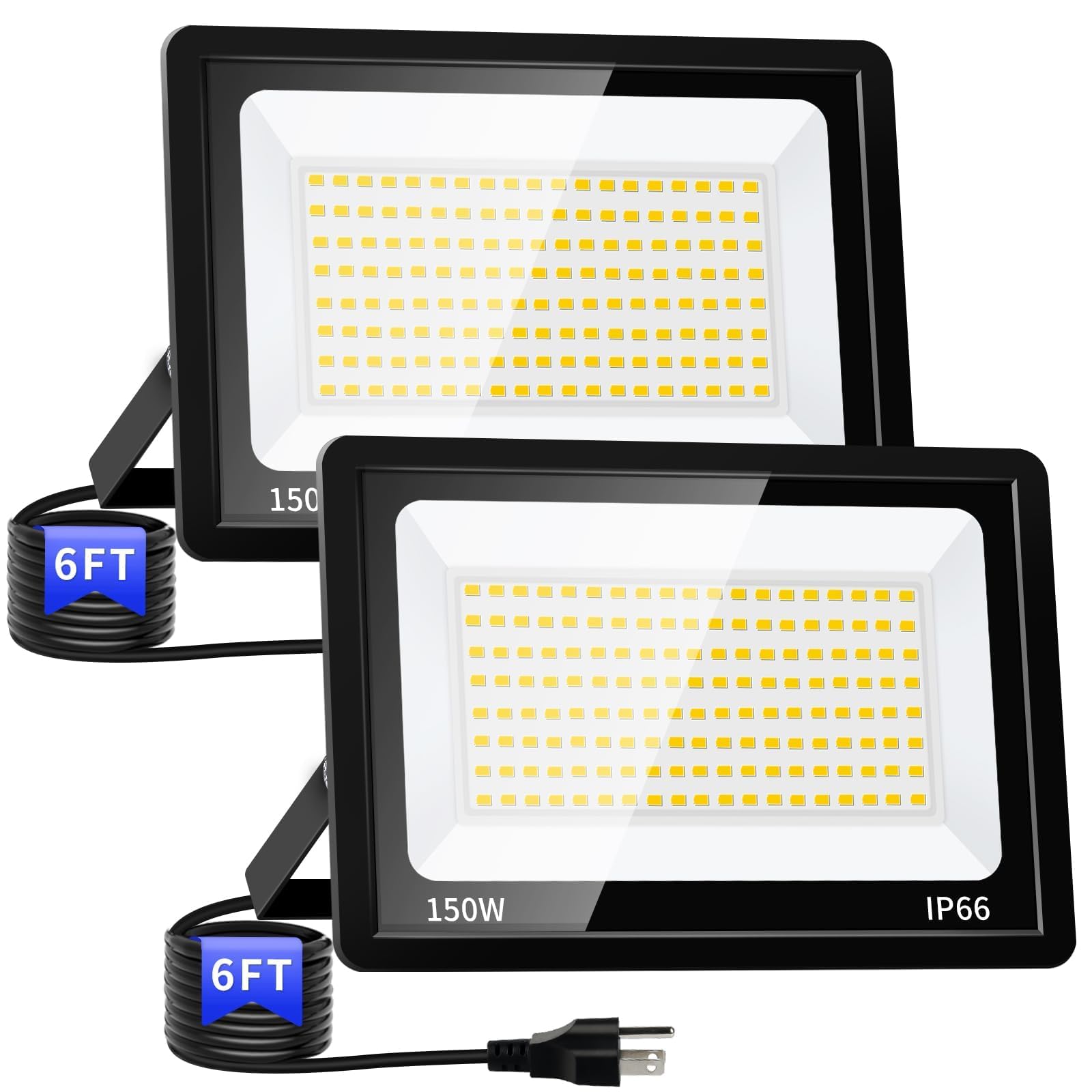 Photo 1 of 150W LED Outdoor Flood Lights with Plug, 18000lm Bright Work Light with 6ft Cord, 5000K Daylight White Exterior Floodlight, IP66 Waterproof Security Light Yard Lights for Garage Stadium 2 Pack