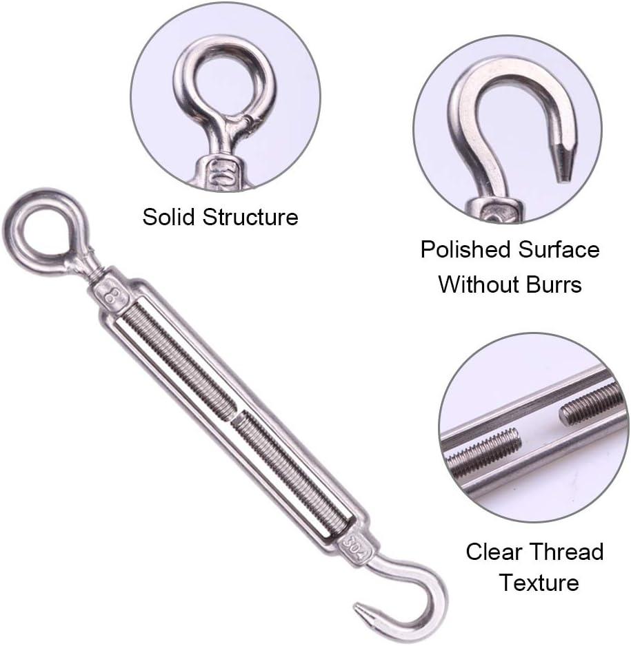Houdao 5pc Turnbuckle Wire Tensioner M4 Stainless Steel Adjustable Hook and Eye Rope Cable