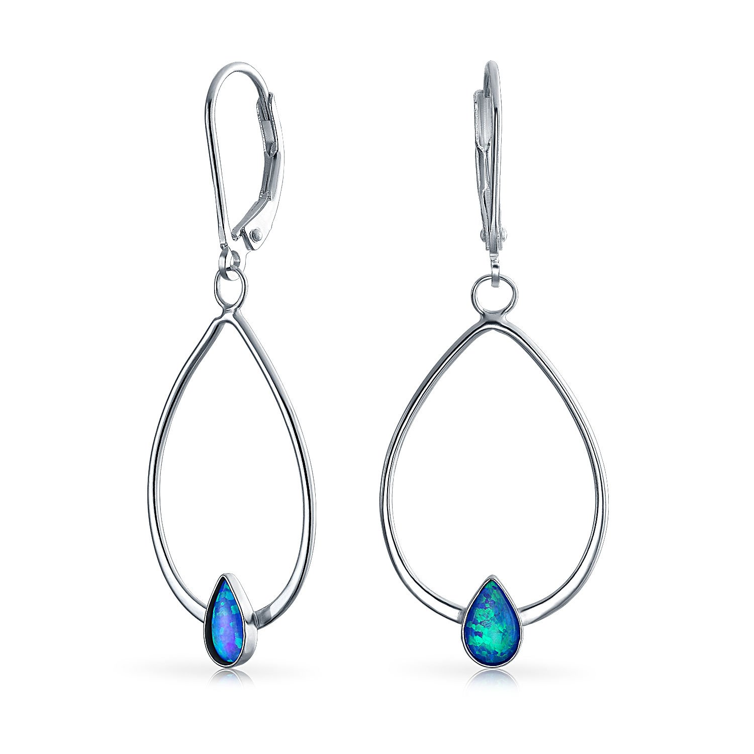 Geometric Thin Created Blue Opal Accent Lever back Open Oval Hoop Dangle Earrings For Women Sterling Silver — image 1