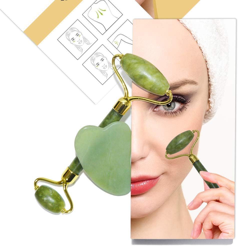 Jade Roller Gift Set, Gua Sha facial Massager, 100% natural jade anti aging skin tightening Massager