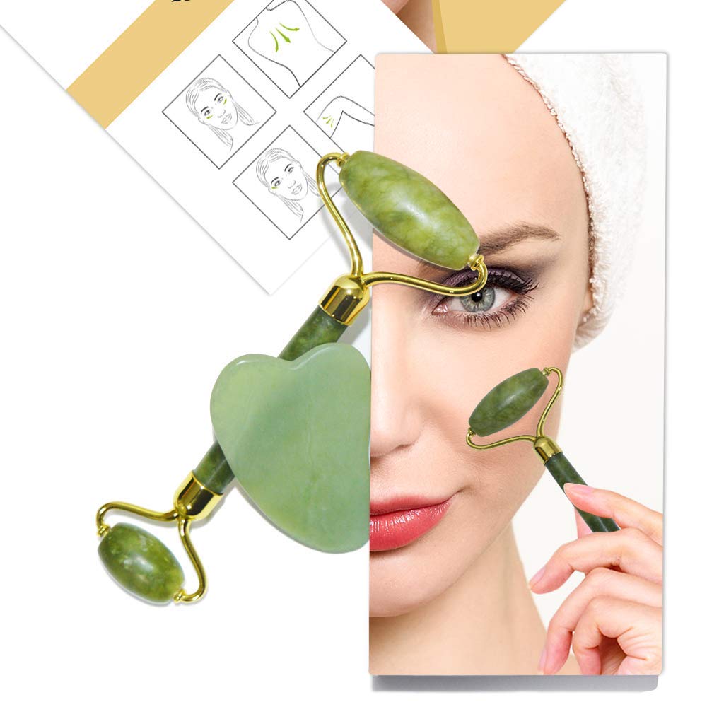 Jade Roller Gift Set, Gua Sha facial Massager, 100% natural jade anti aging skin tightening Massager, Face slimming for cheeks, Double chin and under eye tightening, Traditional Chinese Skin care tool