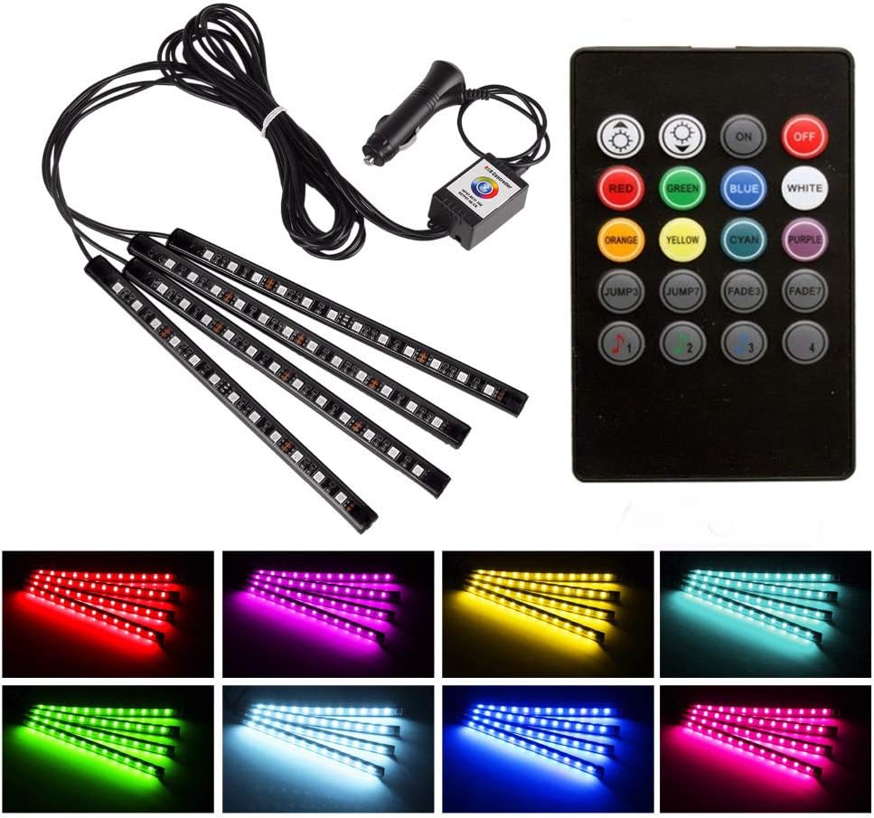 Car LED Strip Lights Glory with 4pcs 48 LEDs Multicolor Music Car Interior Lights Under Dash Lighting Waterproof Kit with Sound Active Function and Wireless Remote Control, Car Charger Included, DC12V
