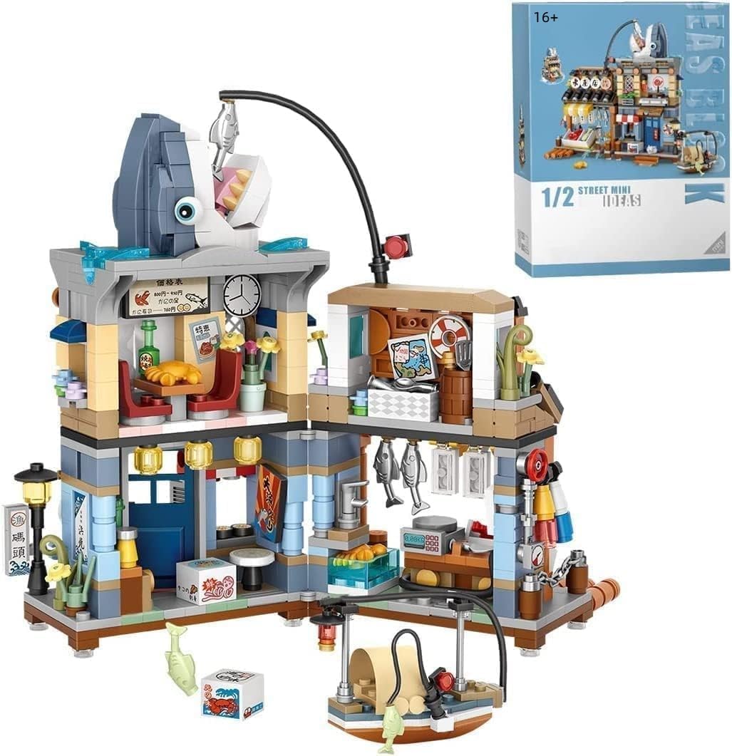 FULHOLPE Japanese Street Fishery Shop Building Blocks, 790Pcs Architecture Model Modular House Building Sets NOT Compatible with Major Brands