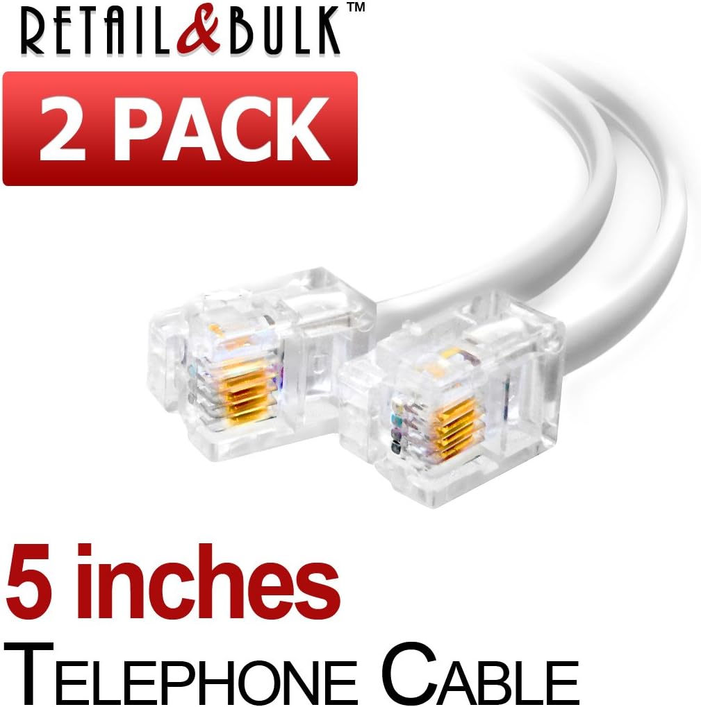 (2 Pack) 5 Inches White Telephone Cable RJ11 Male To Male 6P4C Phone Line Cord