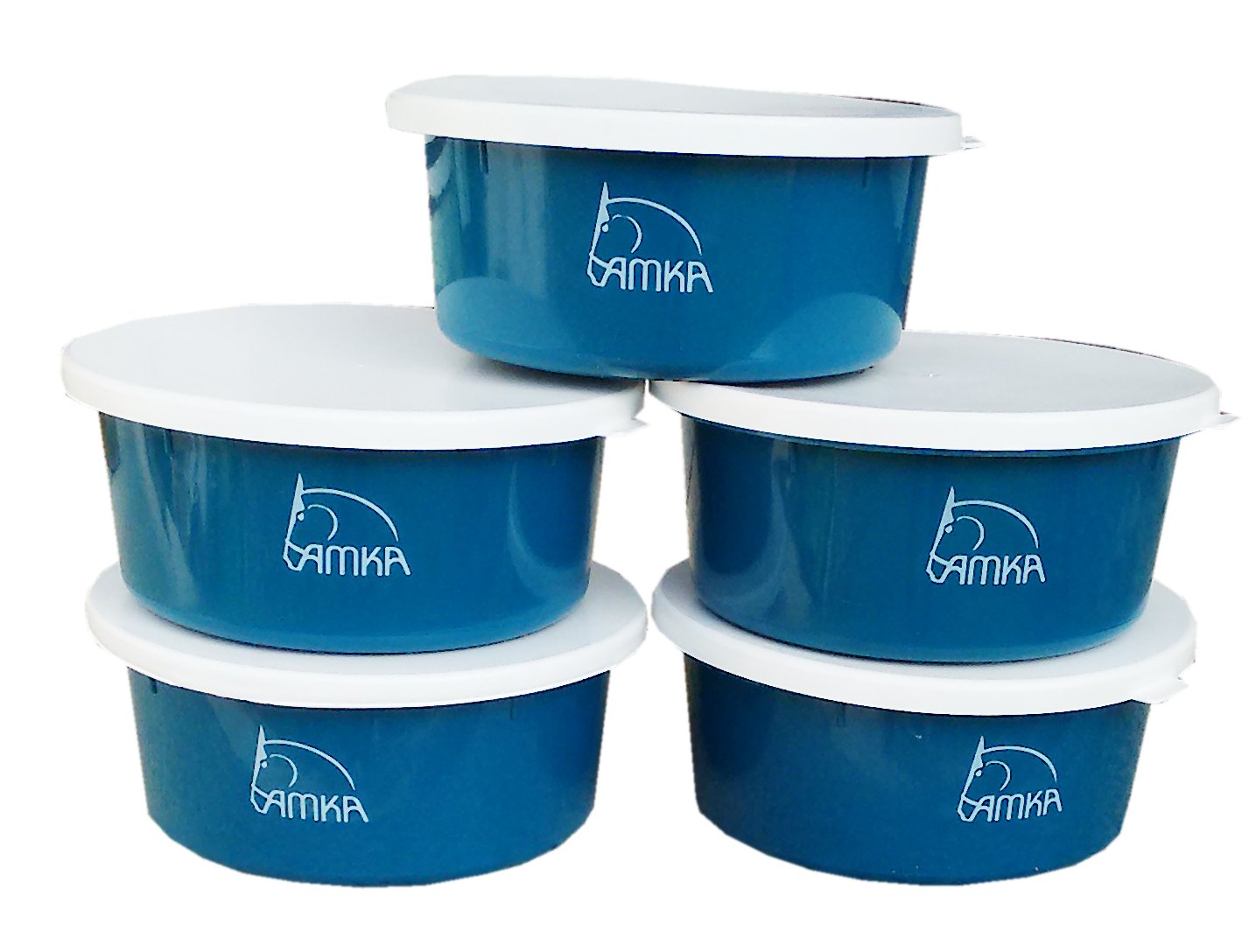AMKA set of 5 2 litre animal spillage bowls without lid. Feeding and water bowl for horses, dogs, animals; colour: petrol.