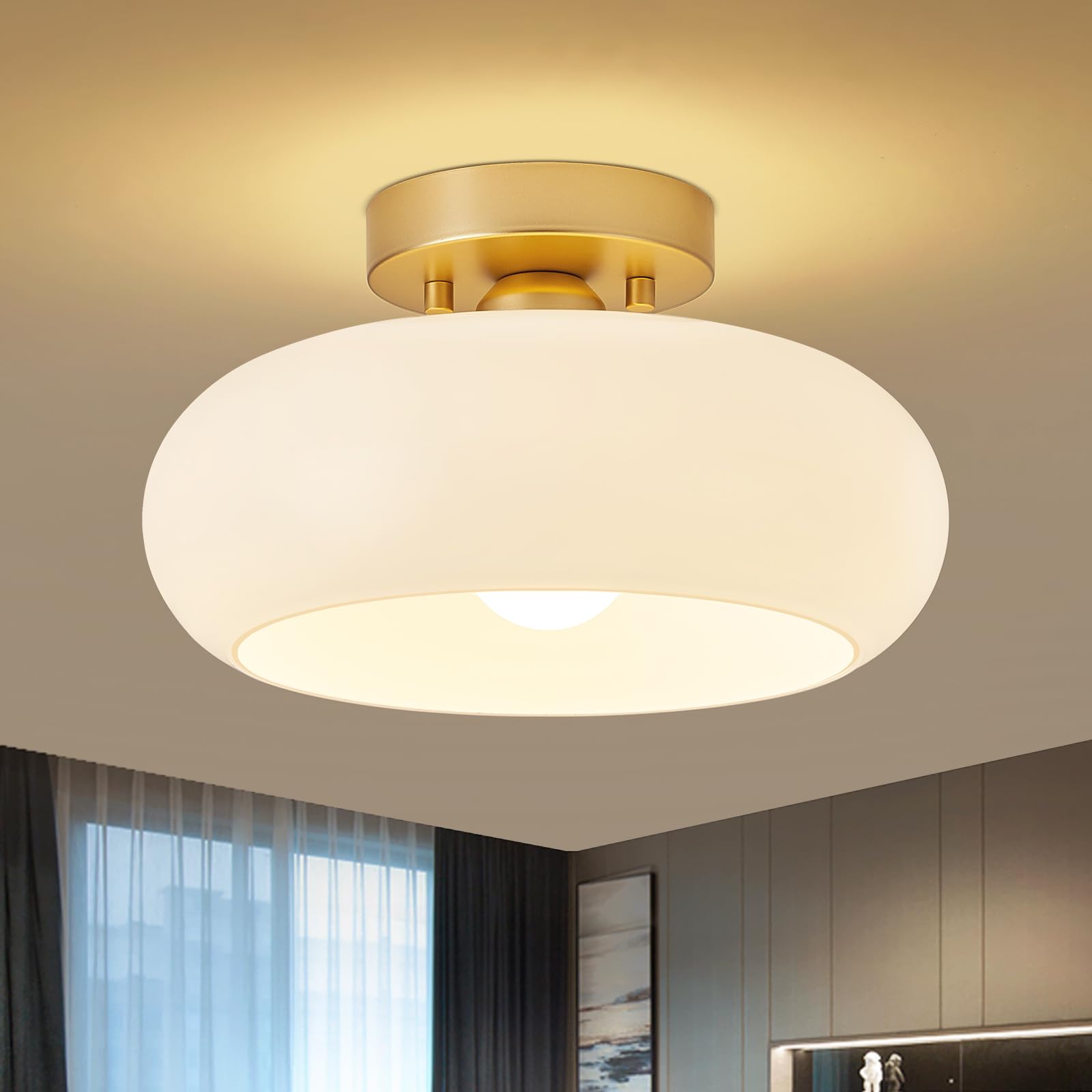 Photo 1 of WOKNOS Mid-Century Modern Gold Semi Flush Mount Ceiling Light, Kitchen Ceiling Light Fixture with Glass Shade, Vintage White Close to Ceiling Lamp for Entryway Hallway Bathroom (11.0 Inch)
