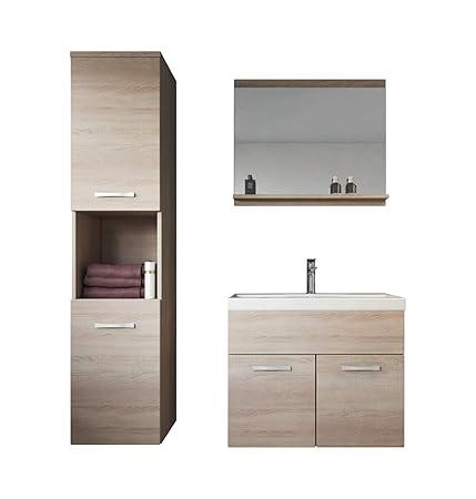 Badezimmer Badmöbel Set Montreal 60 cm Waschbecken Sonoma Eiche - Unterschrank Hochschrank Waschtisch Möbel