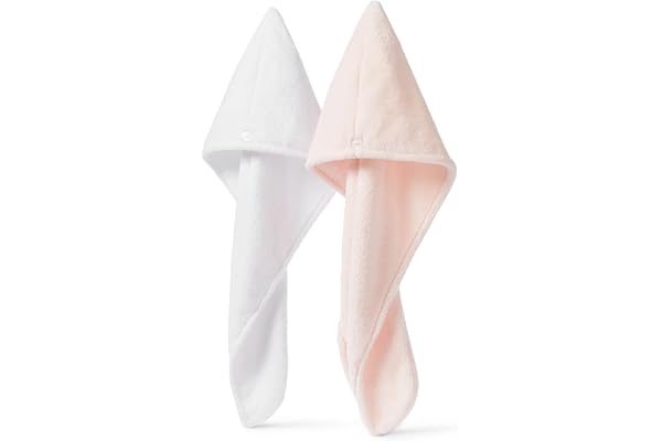 Amazon Basics Quick Dry Microfiber Hair Towel Wrap, Hair Drying Towel, White/Pink, 2-Pack