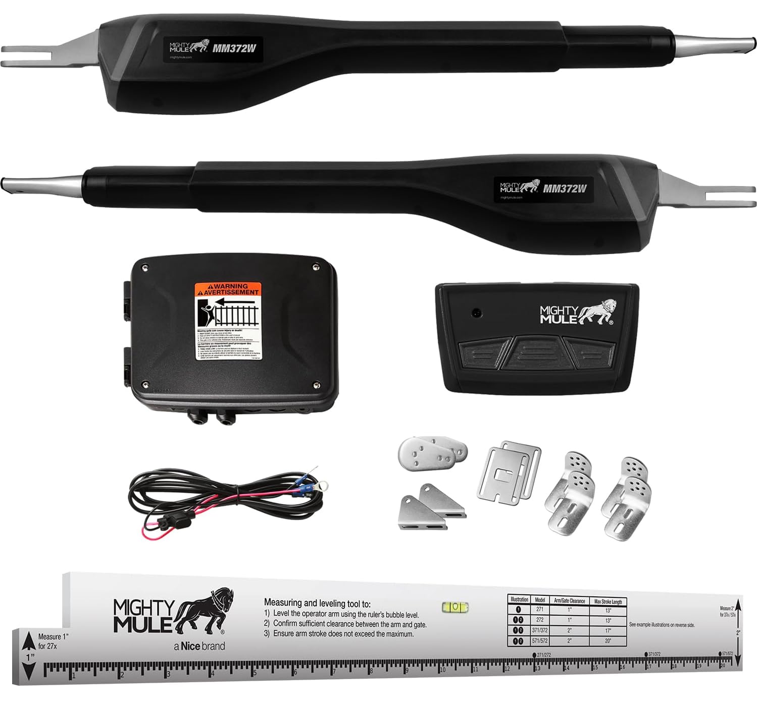 Photo 1 of Mighty Mule MM372W-A Dual Gate Opener, Smart and Solar Ready, Includes Gate Opener Installation Ruler and More, Up to 16ft Long or 550lb per Leaf, Upgraded Gate Opener Kit