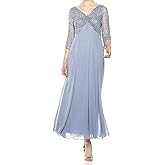 J Kara Women's Petite 3/4 Sleeve V-Neck Beaded Top Long Gown