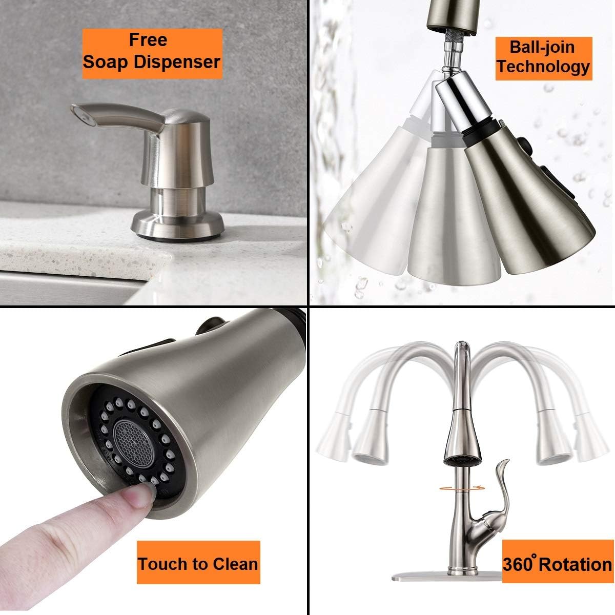 Patented Kitchen Faucet with Pull Down Sprayer and Soap Dispenser - Single Handle Stainless Steel Brushed Nickel High Arc Pull Out Kitchen Sink Faucets with Deck Plate, APPASO - - 