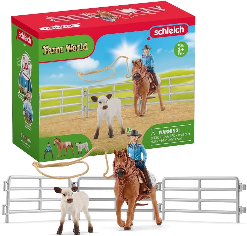 SCHLEICH Farm World - 9PC Cowgirl Roping Fun Playset with Rider, Calf, and Horse Figurines - Western Rodeo Toy Set with Lasso - Horseback Riding Figures for Imaginative Play - Kids 3+ | 42577