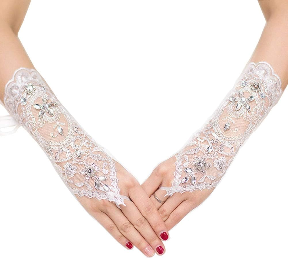 Rhinestones Lace Fingerless Bridal Gloves for Wedding, 5 Pairs Gloves for Prom