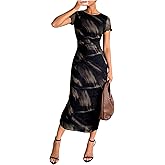 BEAUDRM Women's Leopard Midi Dress Short Sleeve Mesh Sheer Pencil Dress Wedding Guest Cocktail Dresses