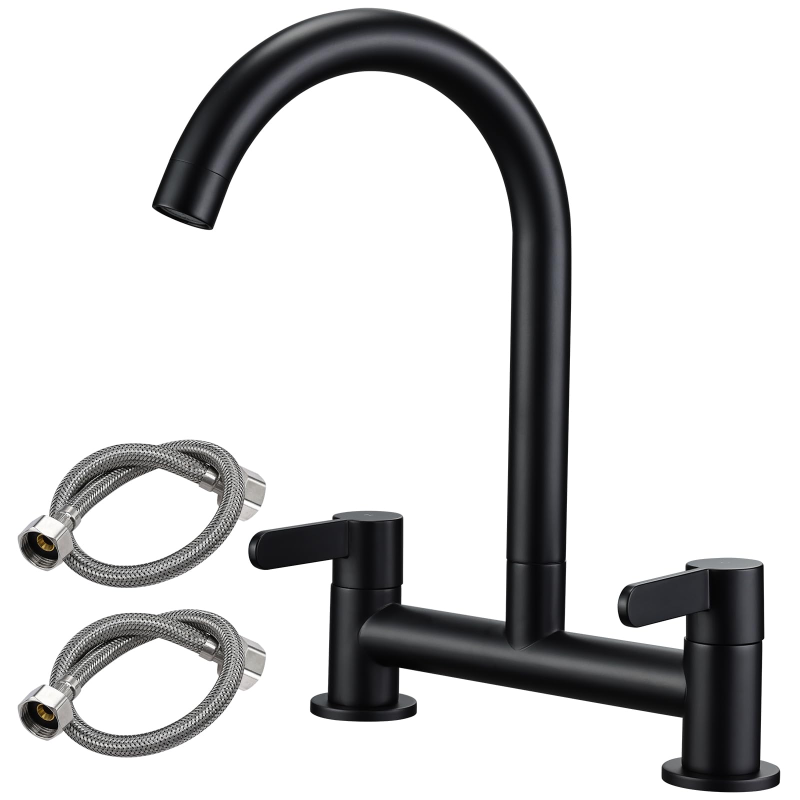 Peppermint Matt Black Kitchen Sink Mixer Taps 2 Hole Dual Lever Mixer Tap Kitchen Sink 180MM Centers Deck Mounted Bridge Taps Brass Traditional Two Hole Faucet 360° Swivel Spout