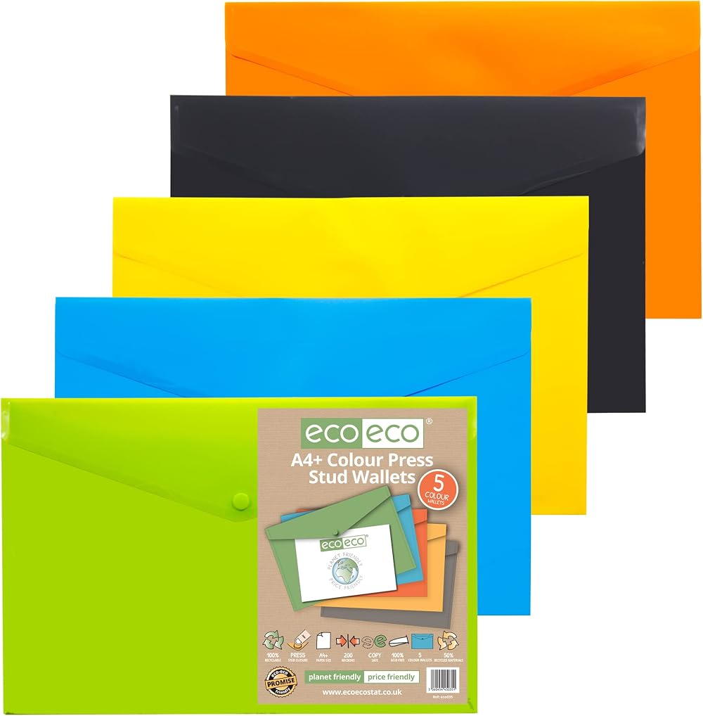 eco-eco A4+ 50% Recycled Press Stud Wallets Pack of 5