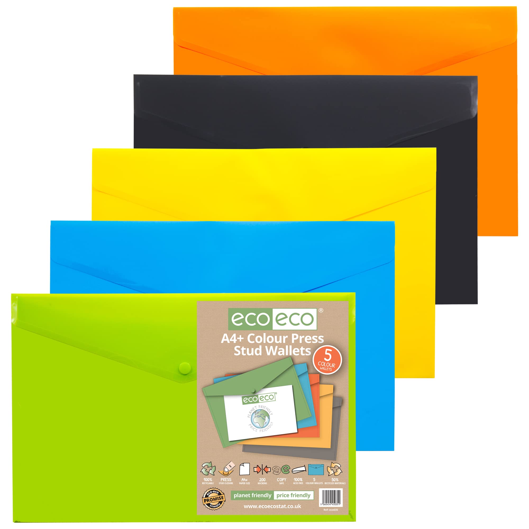 eco-eco A4+ 50% Recycled Assorted Colours Press Stud Popper Wallet, Plastic Folders (Pack of 5), eco035