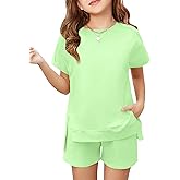 Haloumoning Girls 2 Piece Summer Outfits Kids Short Sleeve T-Shirts and Elastic Waist Shorts Clothing Sets
