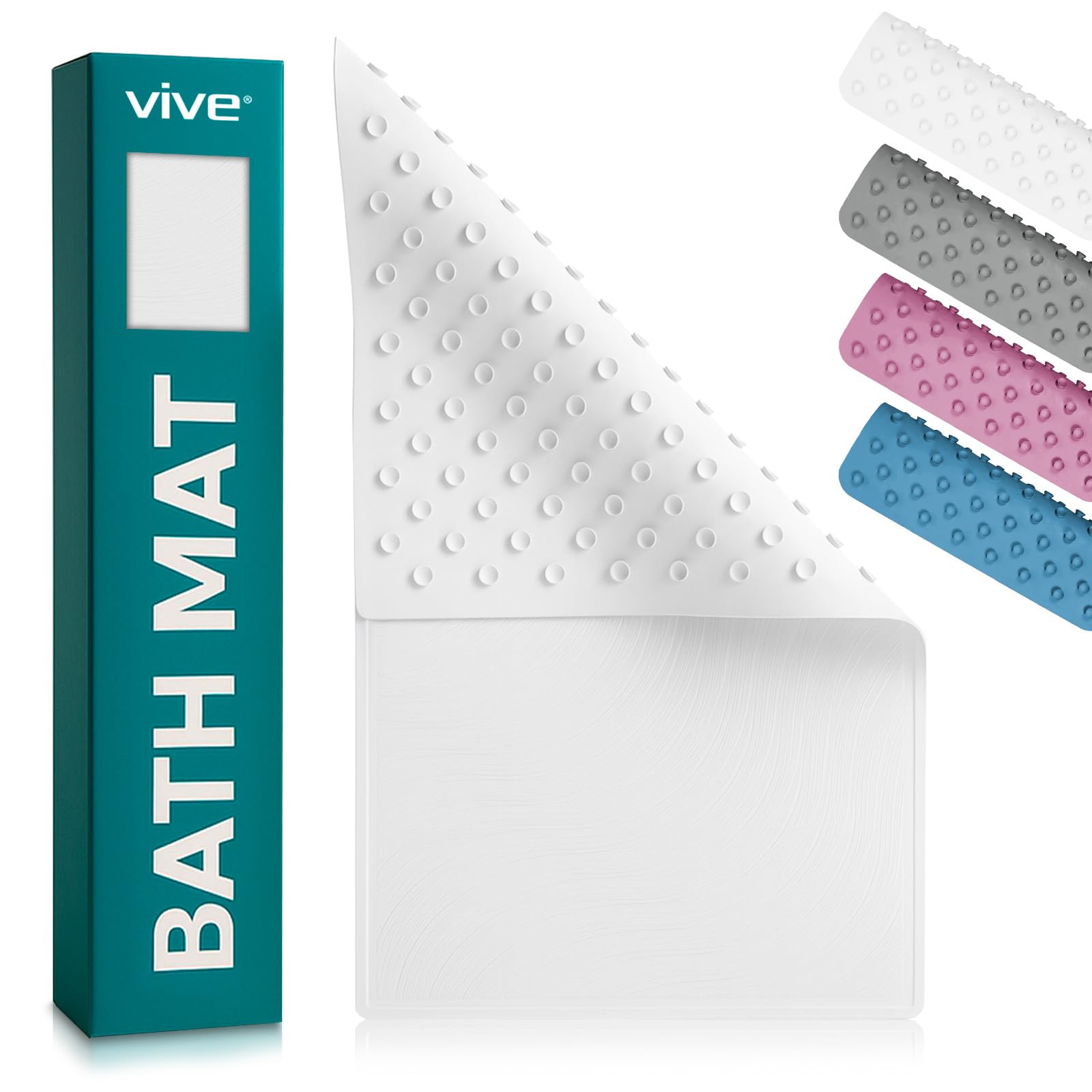 Vive Bath Mat, Non Slip - Shower Safety, Anti Non-Slip, Long, Extra Large Tub Matting - White, Rectangle Floor Grip - Suction Cup Traction for Kids, Baby, Elderly, Men, Women - Patented