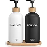 Hand and Dish Soap Dispenser Set,16oz Glass Bottles with Printed Labels, Bamboo Tray & Pump,Countertop Soap Dispensers for Kitchen,Luxury, Minimalist & Farmhouse Decor (Hand Dish (Black/White))