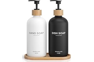 Hand and Dish Soap Dispenser Set,16oz Glass Bottles with Printed Labels, Bamboo Tray & Pump,Countertop Soap Dispensers for Ki